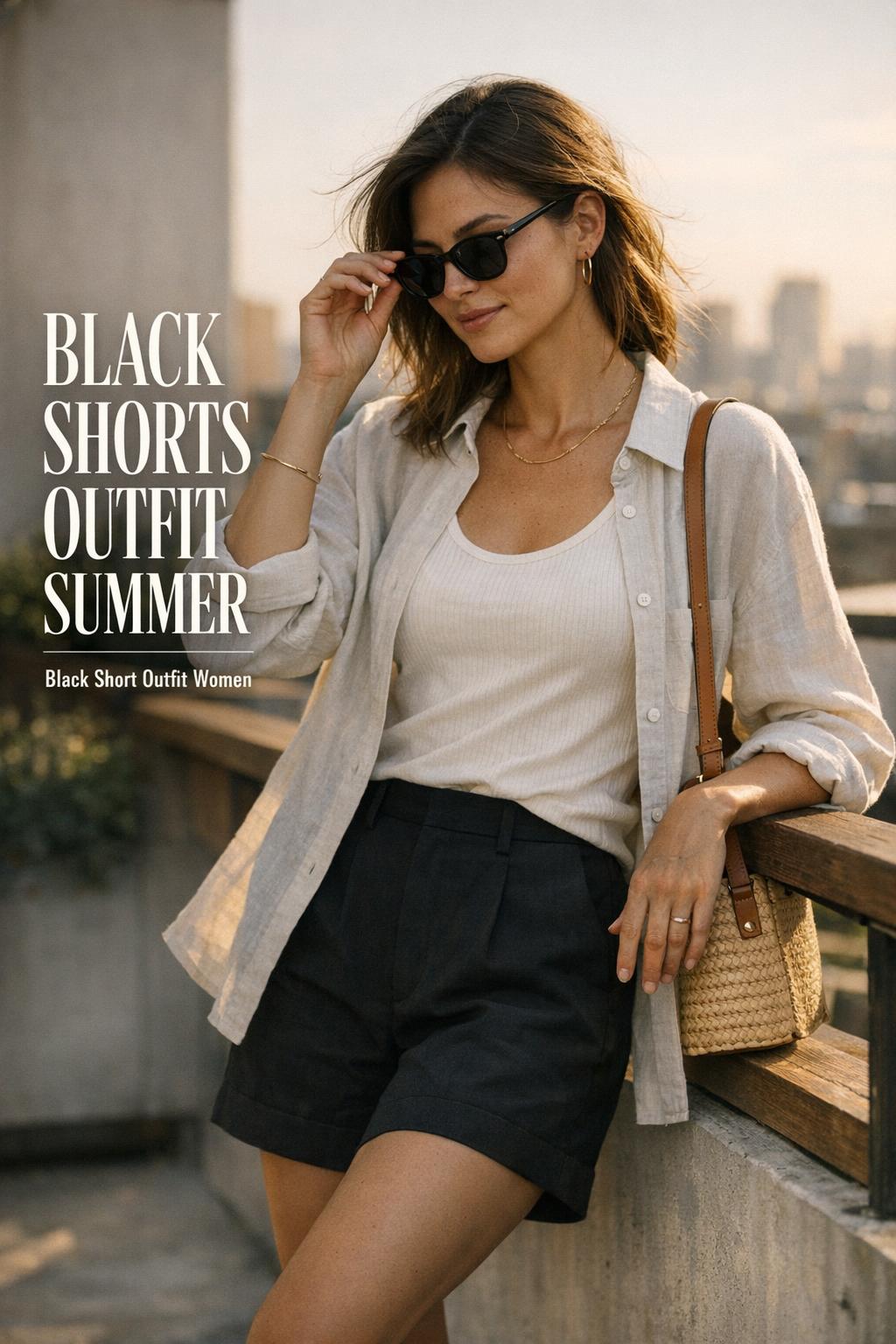 Black shorts outfit summer on a golden-hour rooftop, woman in linen shirt and ribbed tank adjusting sunglasses.