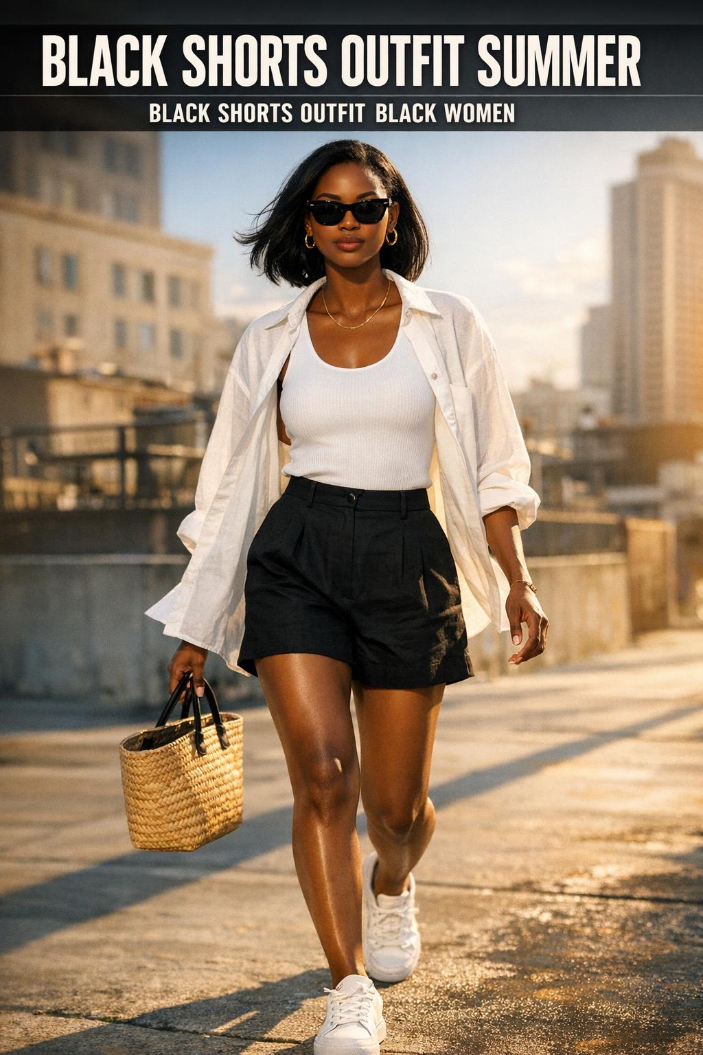 Black shorts outfit summer with a light linen shirt and sandals on a sunny city street