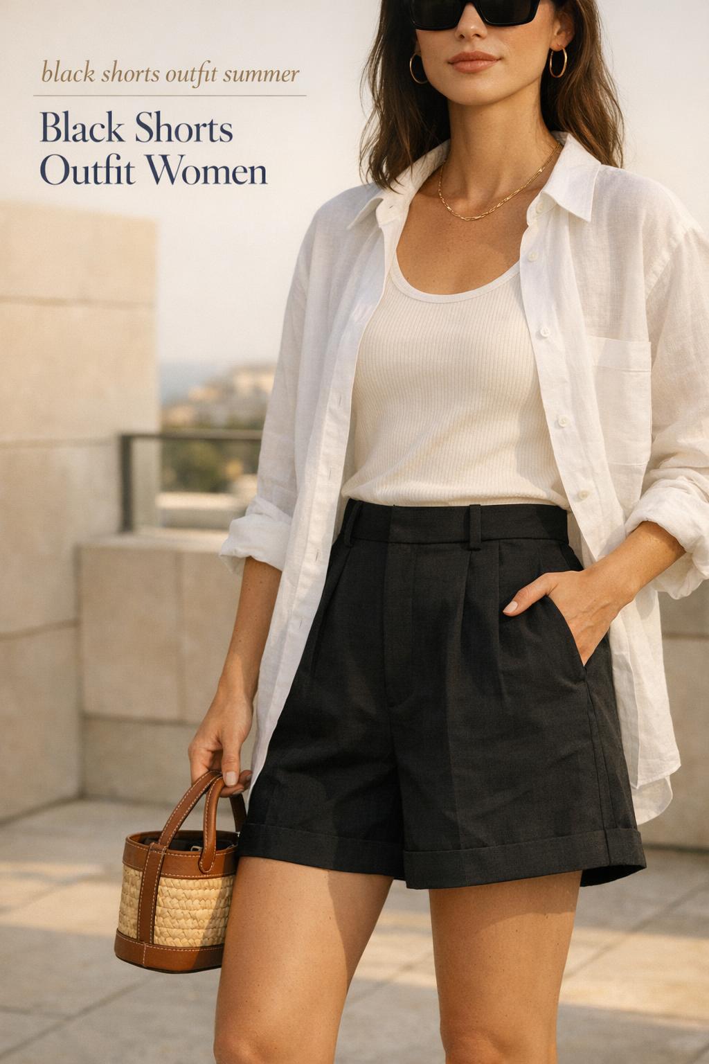 Black shorts outfit summer on a rooftop terrace with ivory tank, white linen shirt, sunglasses, and straw bag at golden hour