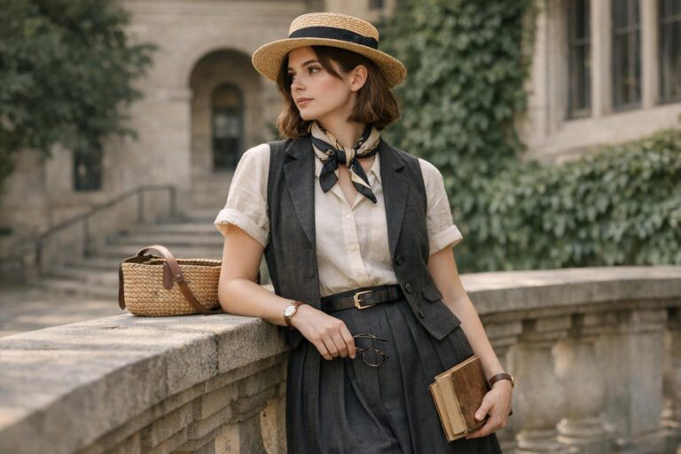Dark academia summer outfit with linen blazer, wide-leg trousers and loafers on a city street in warm weather