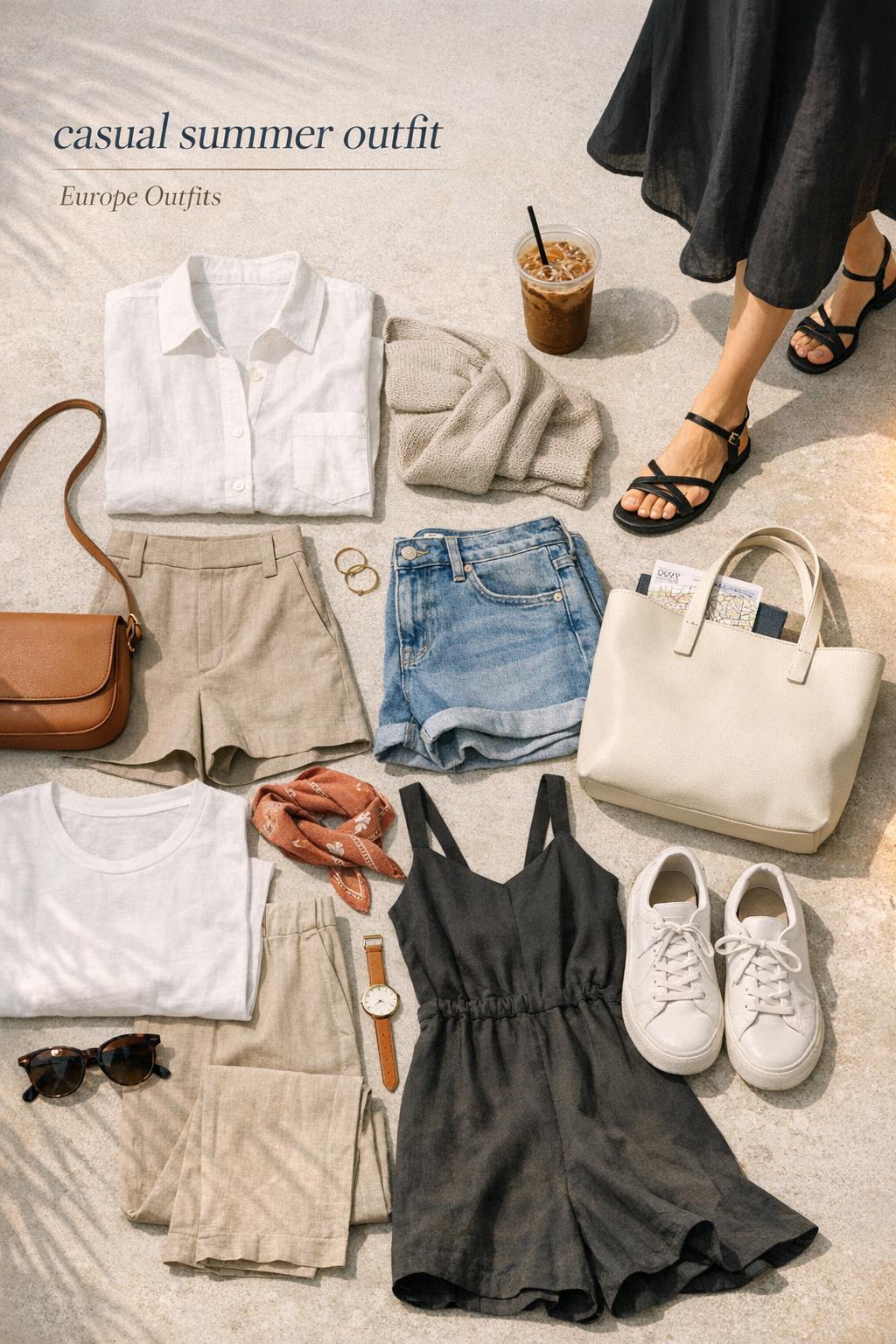 Casual summer outfit flat lay with linen shirt, neutral shorts, sandals, tote, iced coffee, and terracotta scarf.