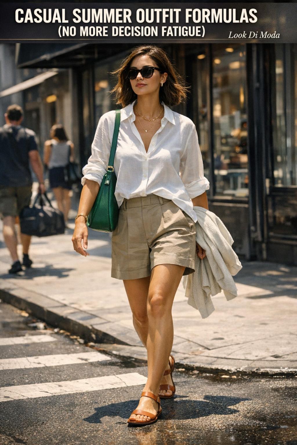 Casual summer outfit on a woman in a light top and shorts outdoors in natural sunlight