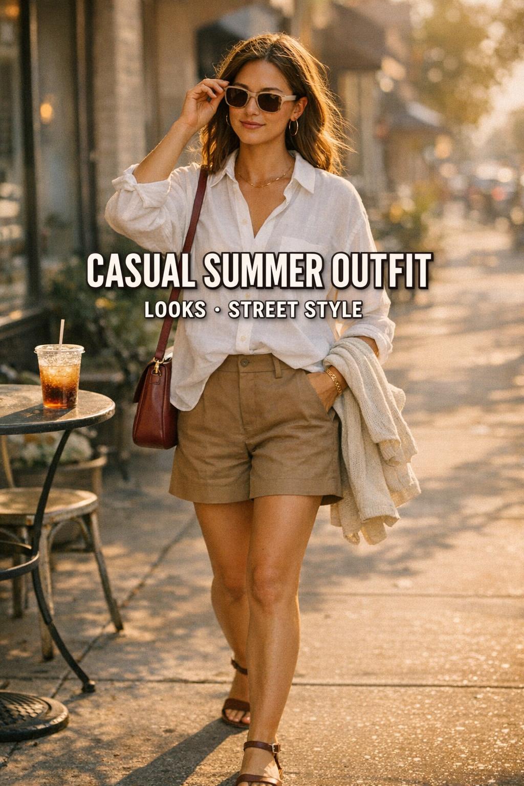 Casual summer outfit street style on a U.S. city sidewalk, woman in white linen shirt and tan shorts by a café at golden hour
