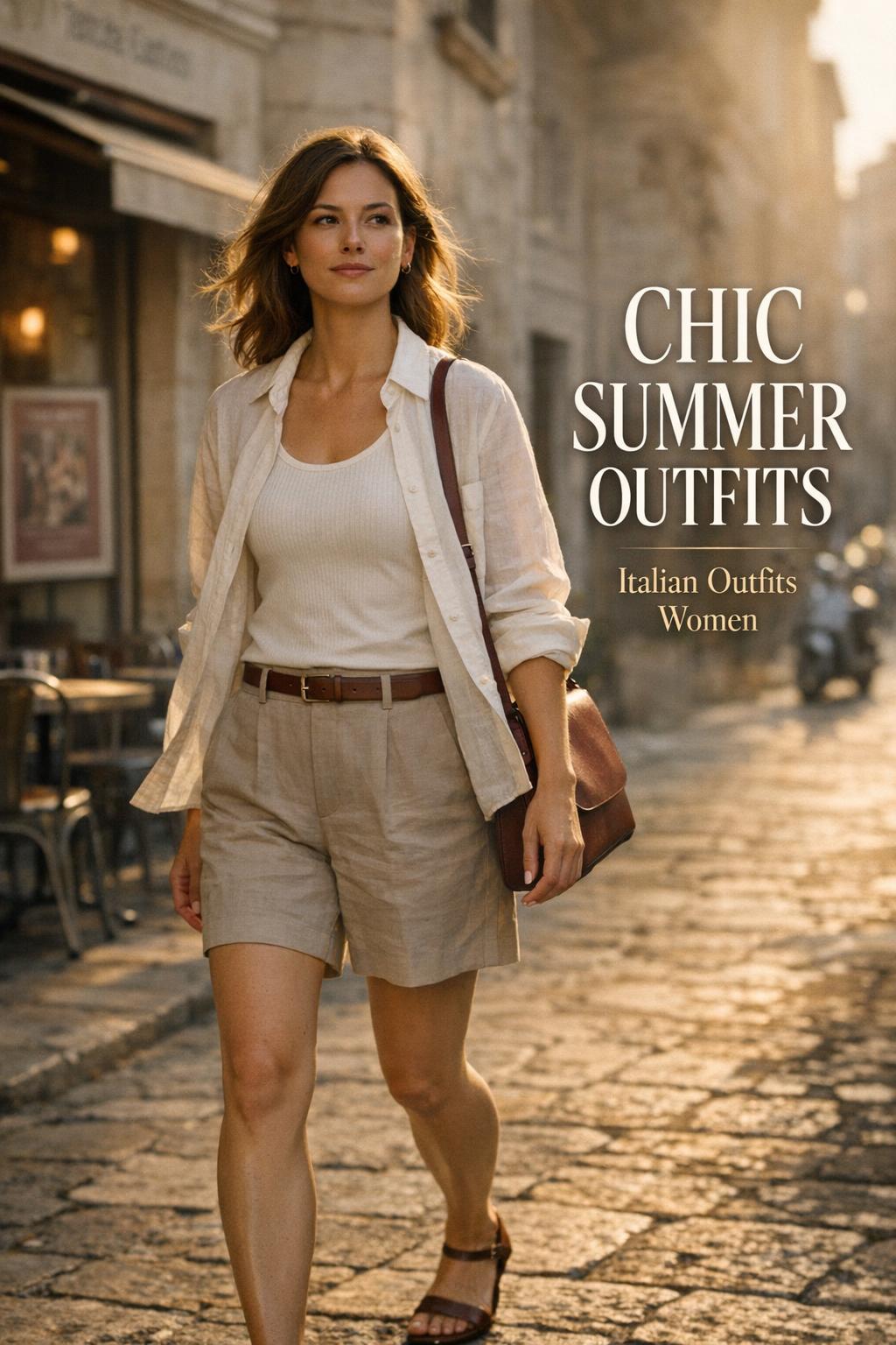 Chic summer outfits in Italy: elegant woman walking a sunlit cobblestone street near a cafe in a neutral linen look