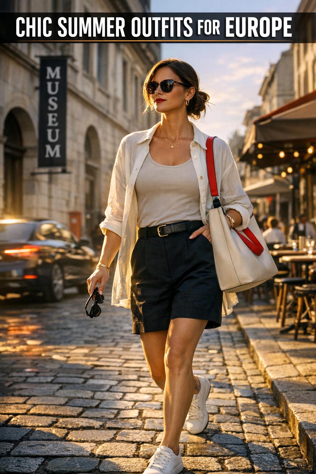 Chic summer outfits styled on a sunny city street with light fabrics, neutral tones, and effortless accessories