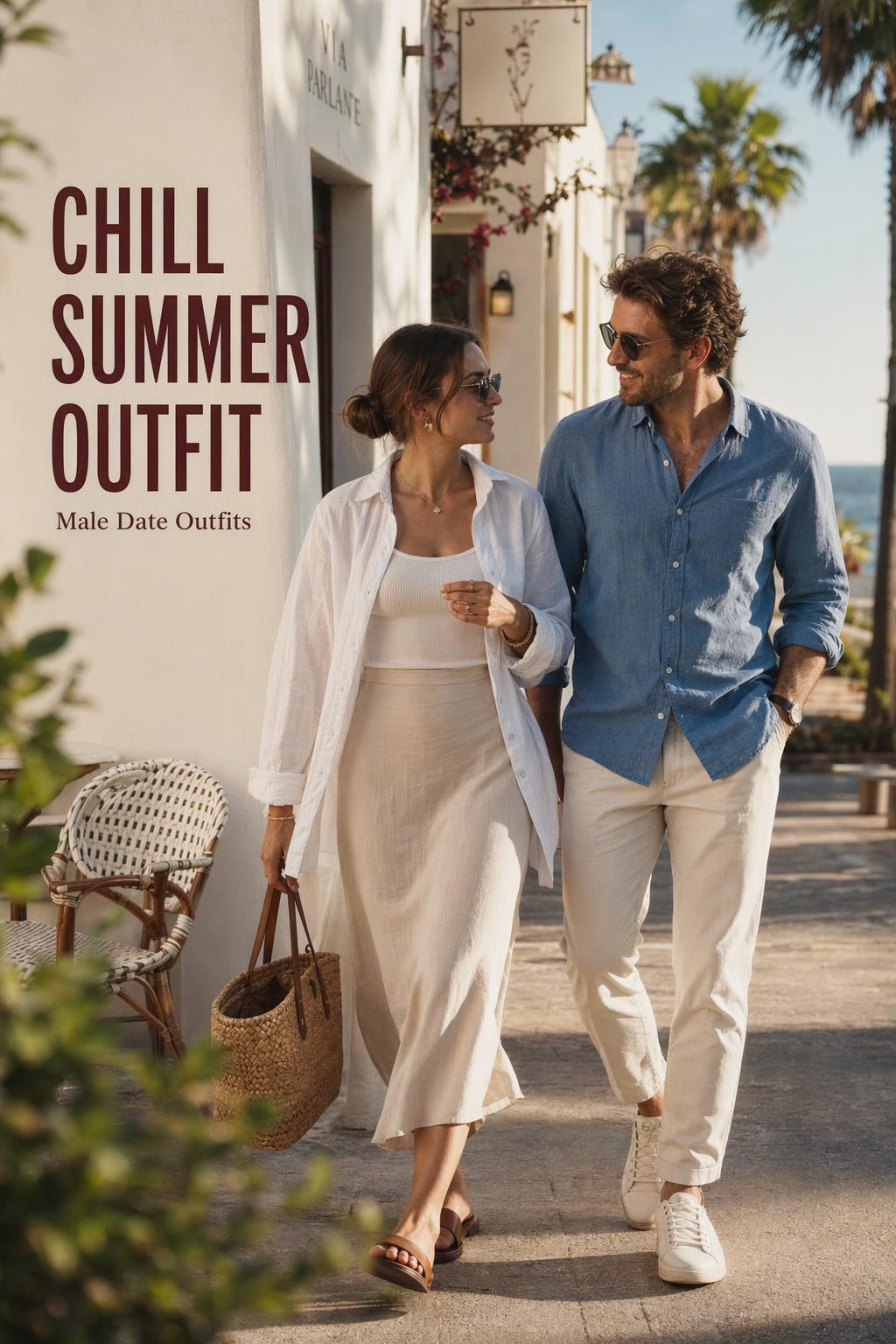 Chill summer outfit for a couple strolling a sunlit coastal street in breezy linen and soft neutral tones