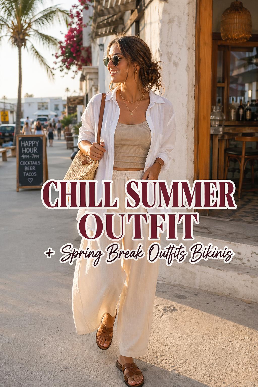 Chill summer outfit with linen shirt and midi skirt on a breezy coastal street at golden hour