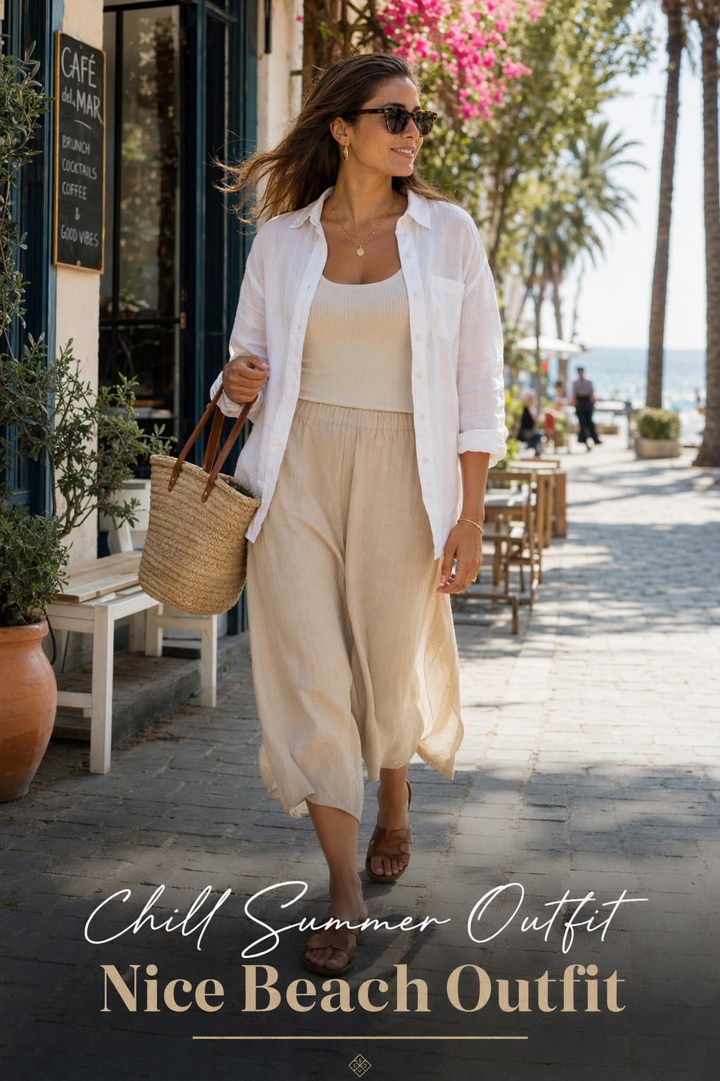 Chill summer outfit with woman walking through a sunlit coastal town in white linen and sandals