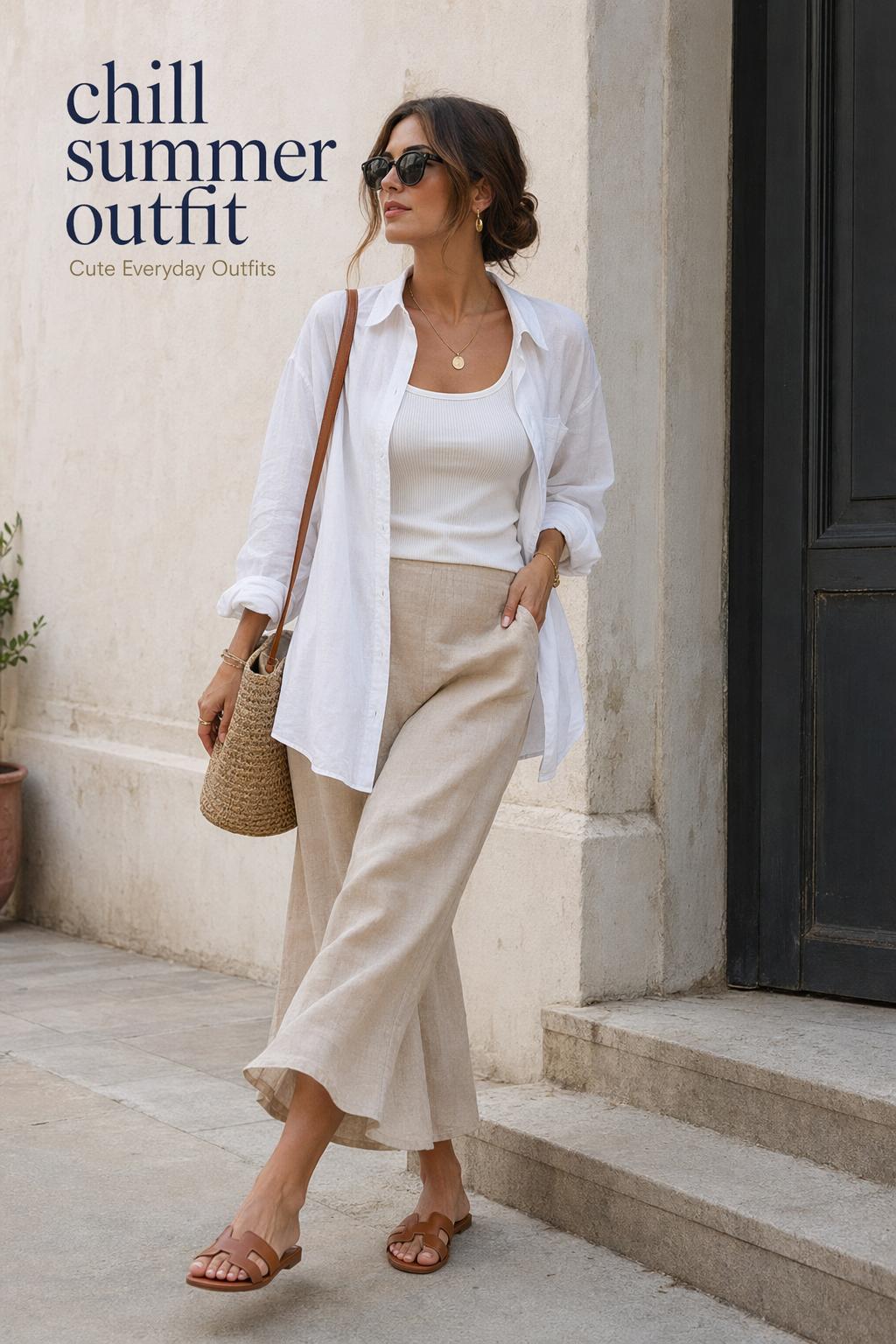 Woman in a chill summer outfit with white linen shirt, beige skirt, sandals and tote on a sunlit coastal street