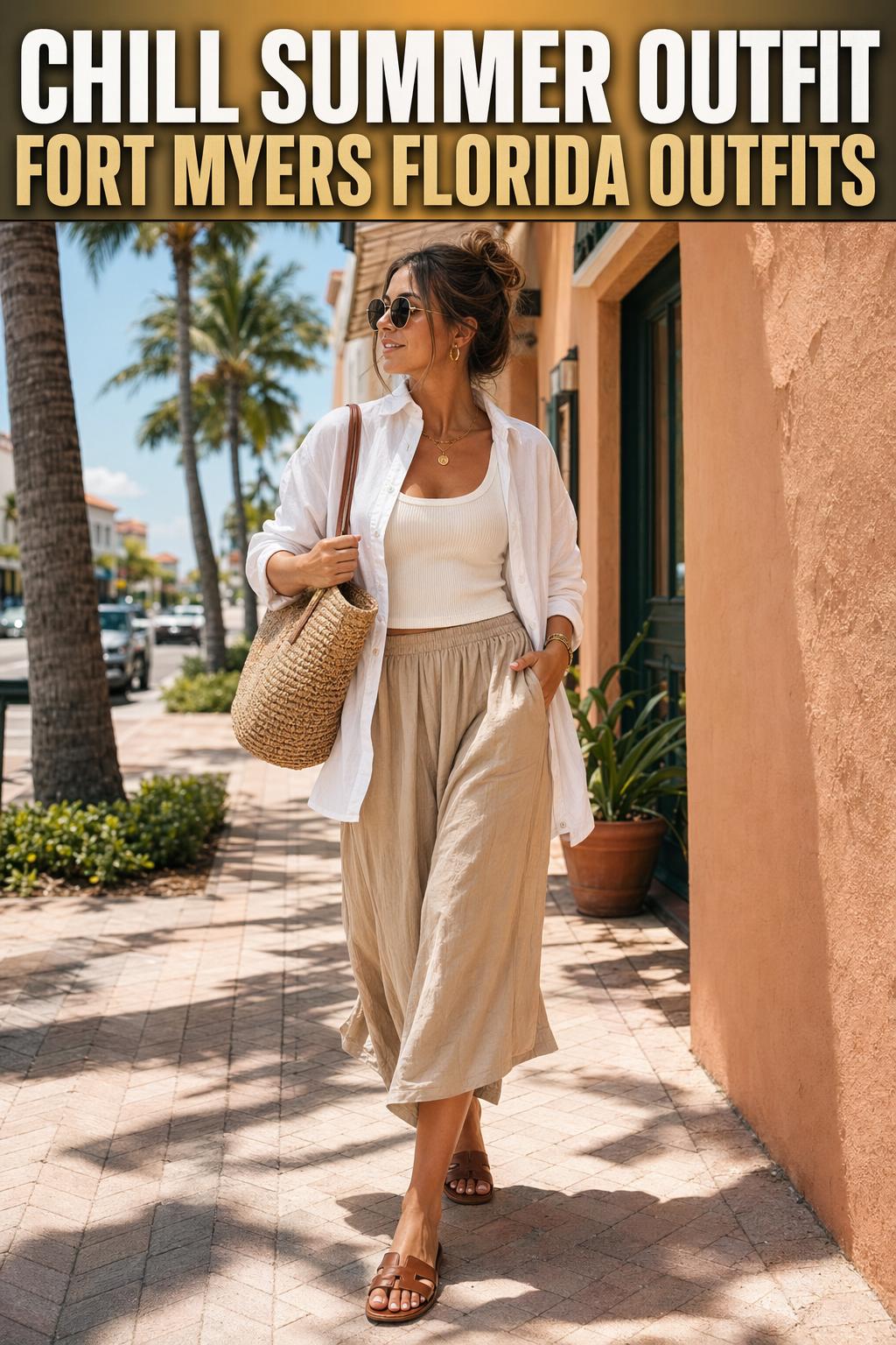 Chill summer outfit with a breezy top, relaxed shorts, and sandals in soft natural light