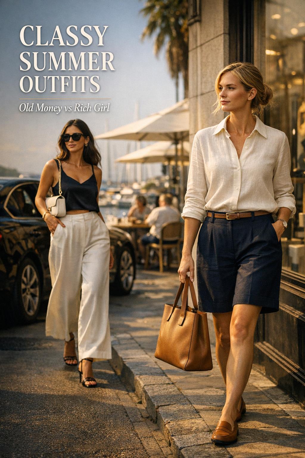 Classy summer outfits editorial photo with old-money polish and rich-girl vacation glamour on a coastal city street