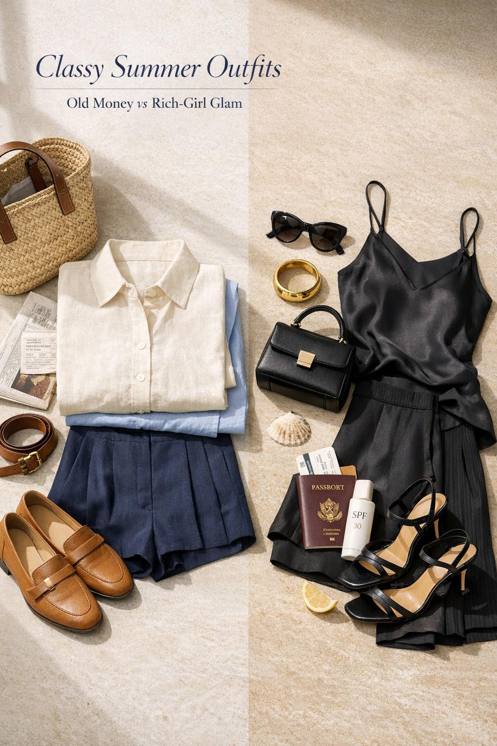 Classy summer outfits editorial still life showing old money linen looks vs rich-girl glam travel essentials on a sunlit table