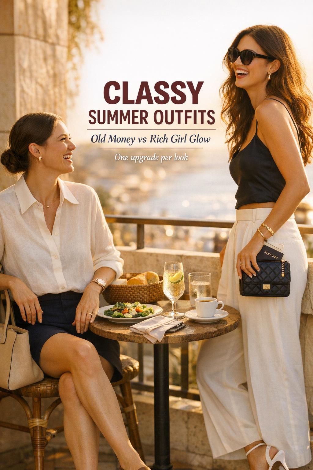 Classy summer outfits comparison on a golden-hour balcony: two women laughing, old money vs rich girl glow styling.