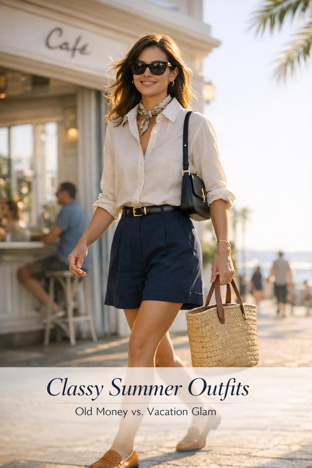 Classy summer outfits on a stylish woman leaving a coastal cafe in golden-hour light, wearing linen shirt and navy shorts