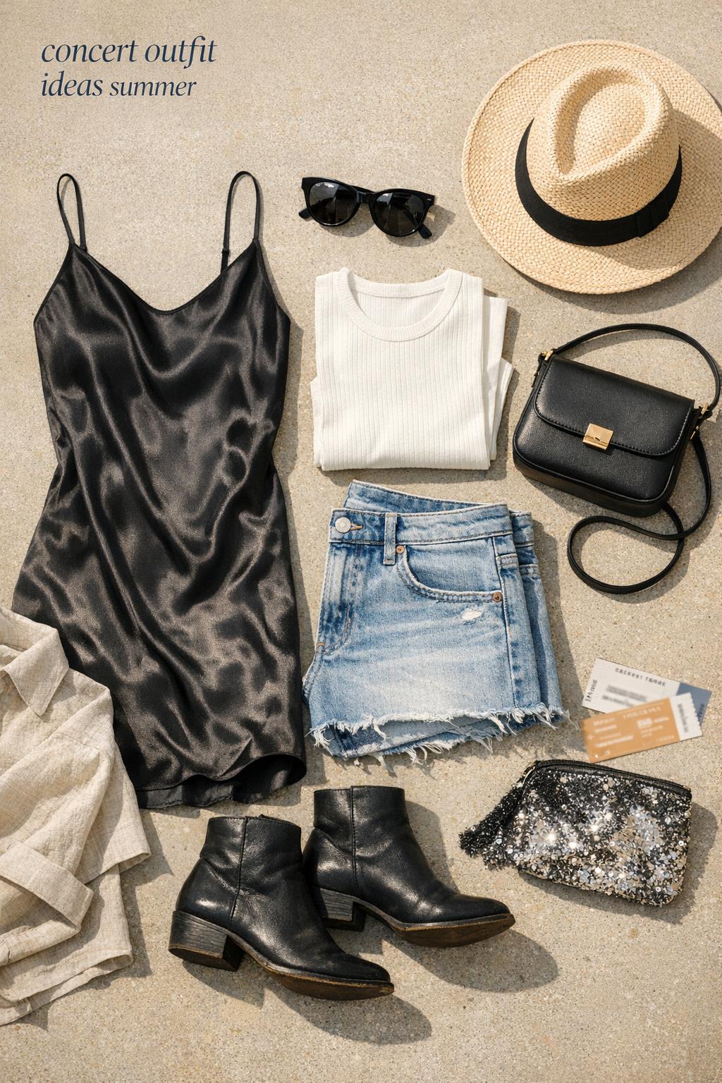 Concert outfit ideas summer flat lay with black satin slip dress, denim shorts, boots, bag, sunglasses and hat in daylight