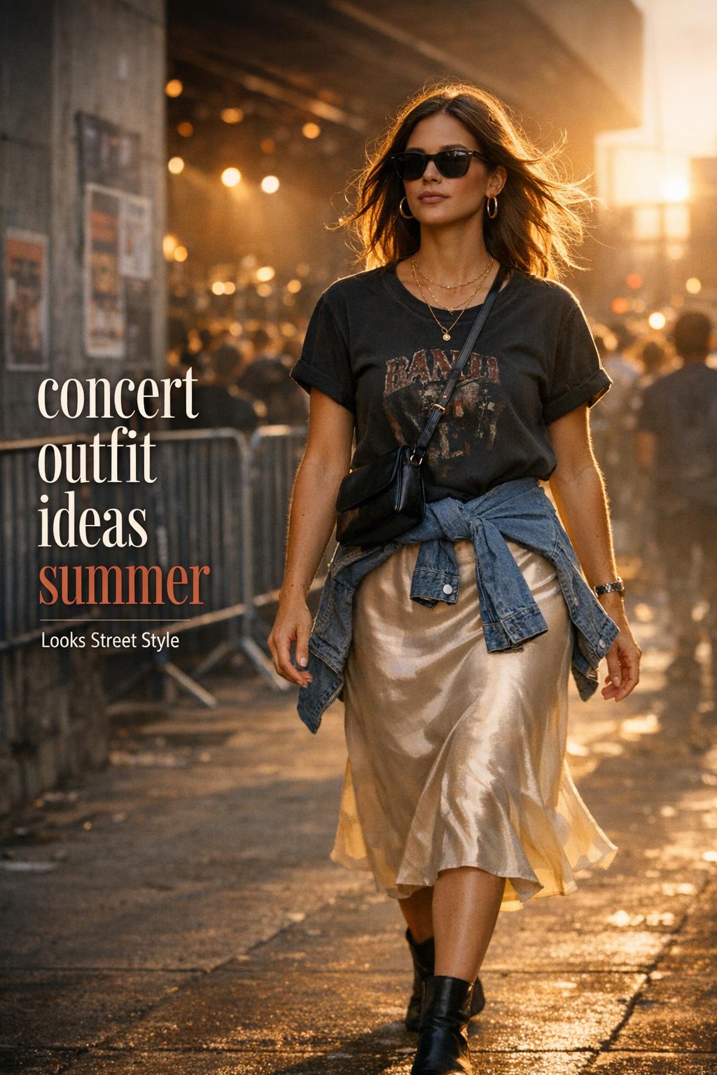 concert outfit ideas summer street style woman in band tee and satin slip skirt walking outside open-air venue at dusk