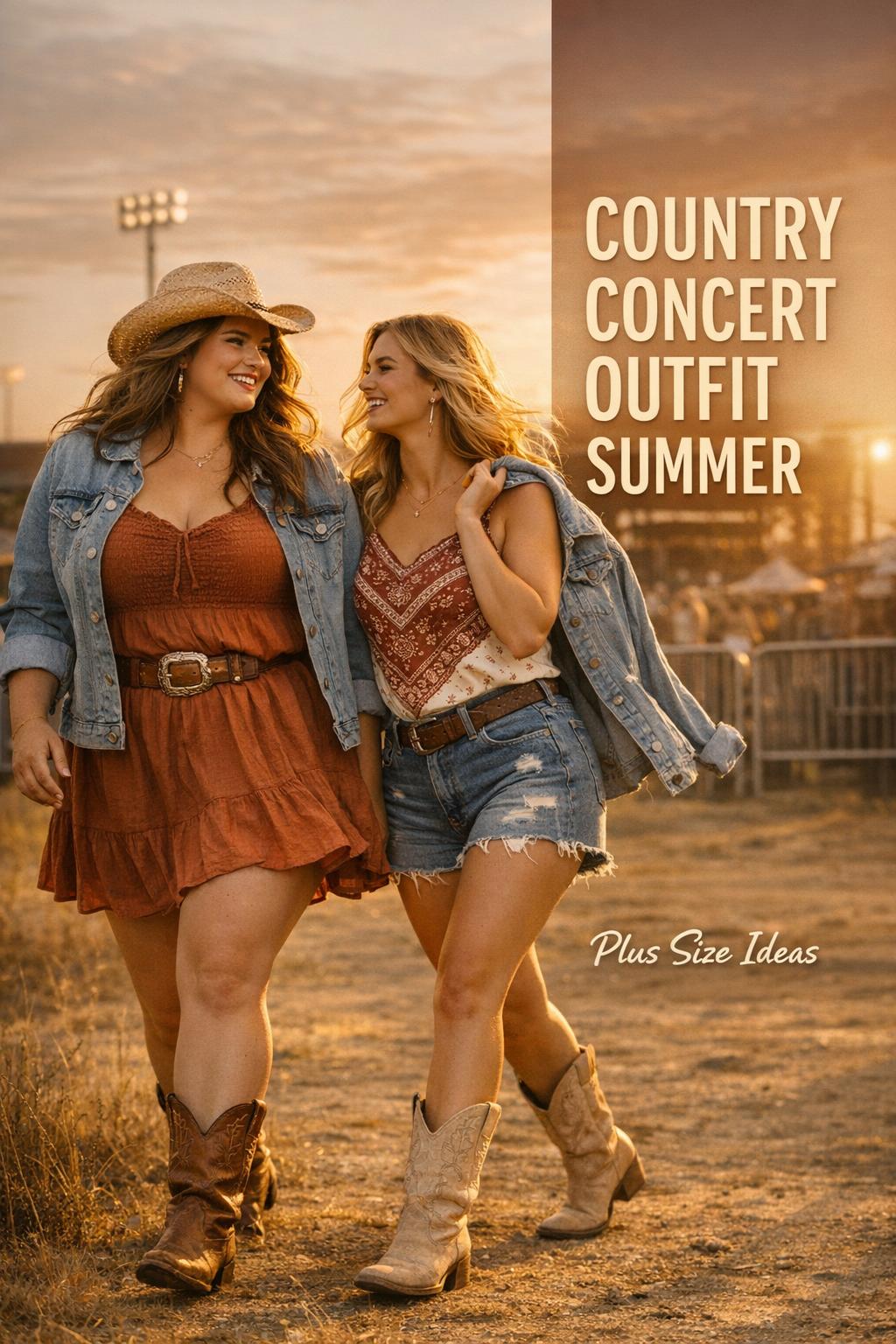 Country concert outfit summer editorial photo with chic plus size western look at a golden hour outdoor venue