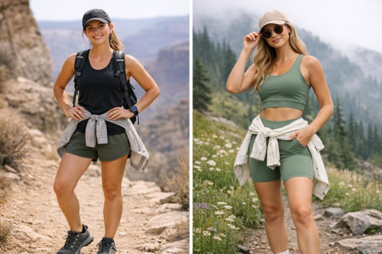 Cute hiking outfit summer with coordinated set and packable windbreaker on a sunny mountain trail overlook