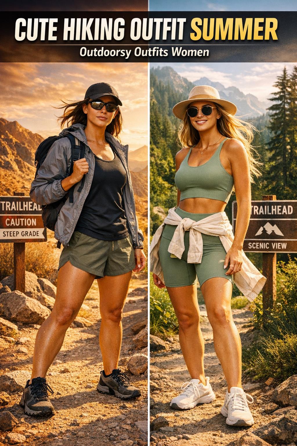 Cute hiking outfit summer: woman in breathable shorts, tank top, and trail shoes on a sunny mountain path