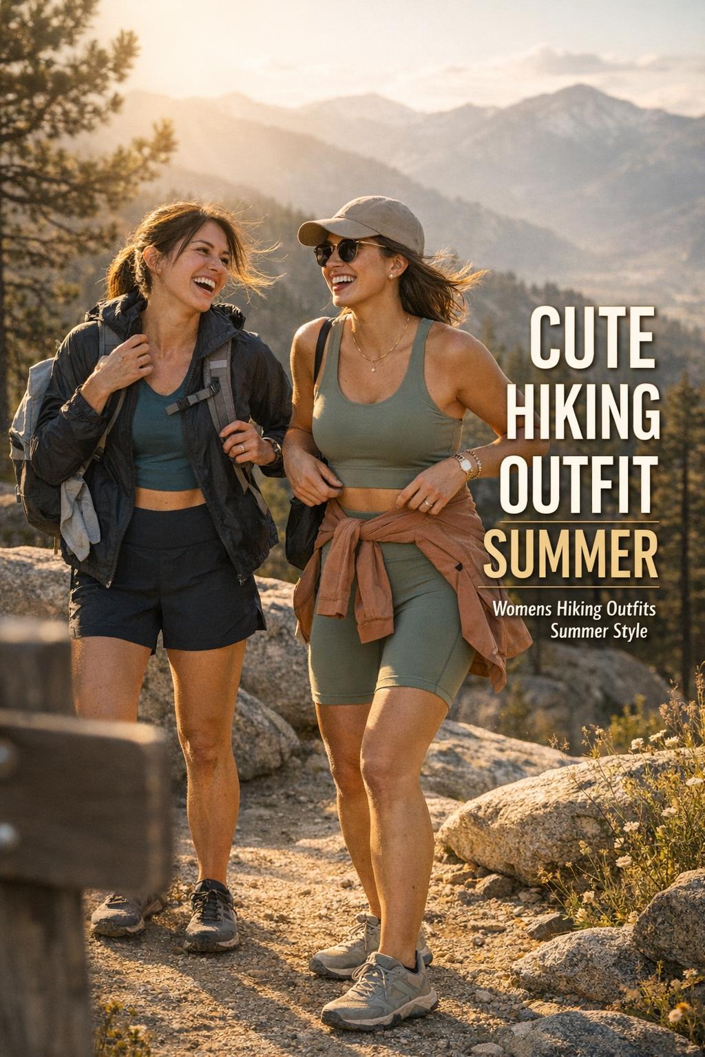 Cute hiking outfit summer trailhead overlook with two women hikers laughing at golden hour, mountains behind