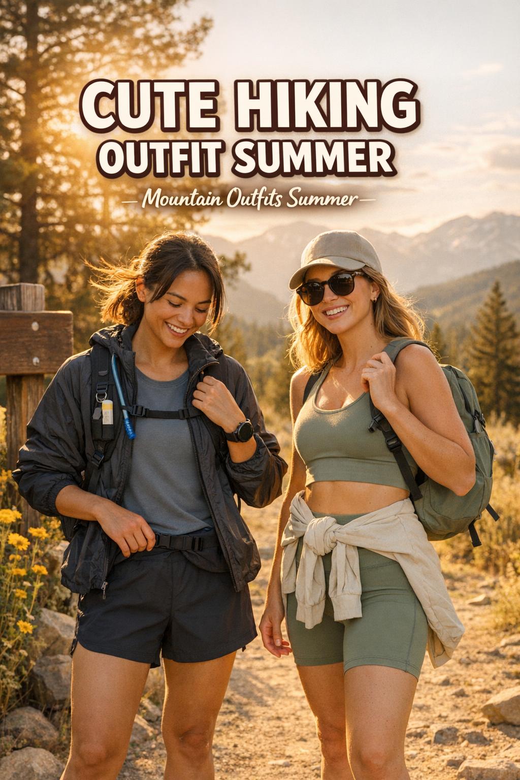 Cute hiking outfit summer on two hikers at a golden-hour mountain trailhead, adjusting gear with warm sun flare