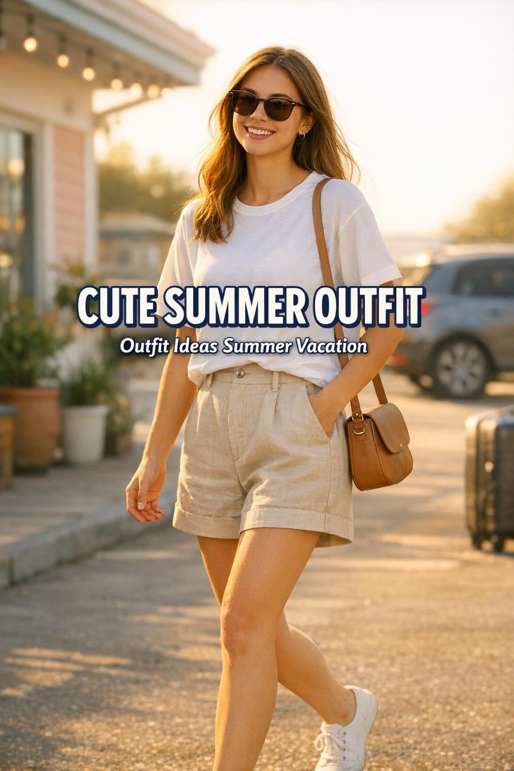 Cute summer outfit on young woman in white tee and linen shorts outside beach-town cafe at golden hour