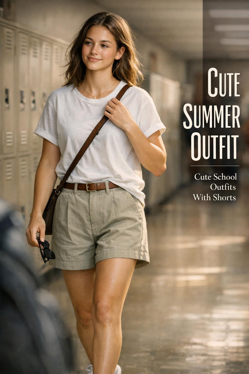 Cute summer outfit in school hallway: teen girl in white tee and khaki shorts adjusting crossbody strap by lockers