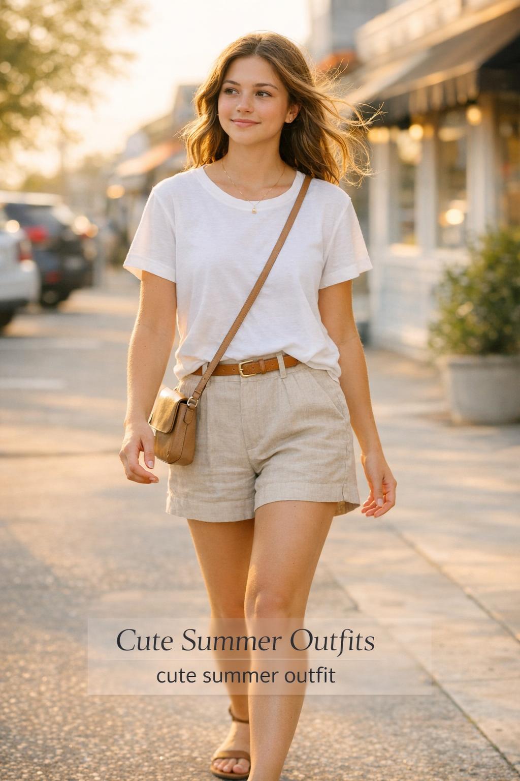 Teen walking in a cute summer outfit on a sunny beach-town street, white tee and high-waist shorts in golden hour light