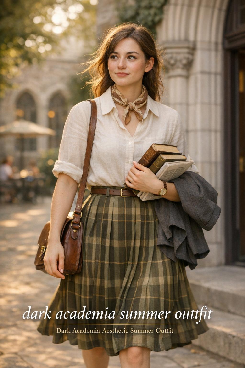 Dark academia summer outfit on a stylish woman leaving a stone library with books on an ivy-covered campus at golden hour