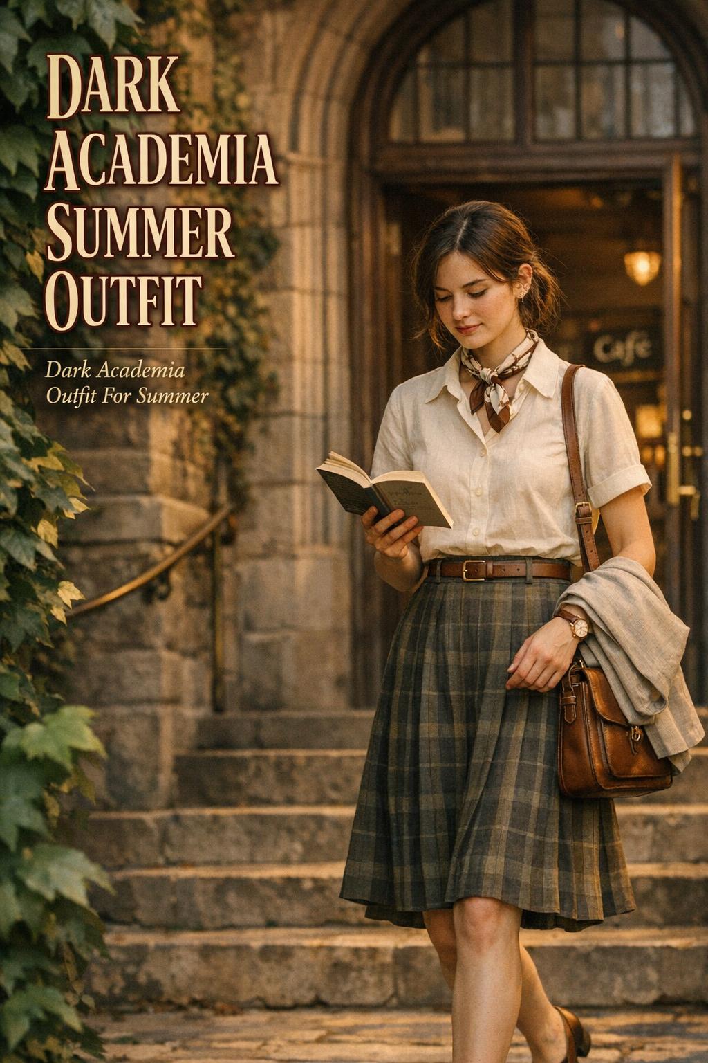 Dark academia summer outfit on a stylish woman reading a book by an ivy-covered university library at golden hour