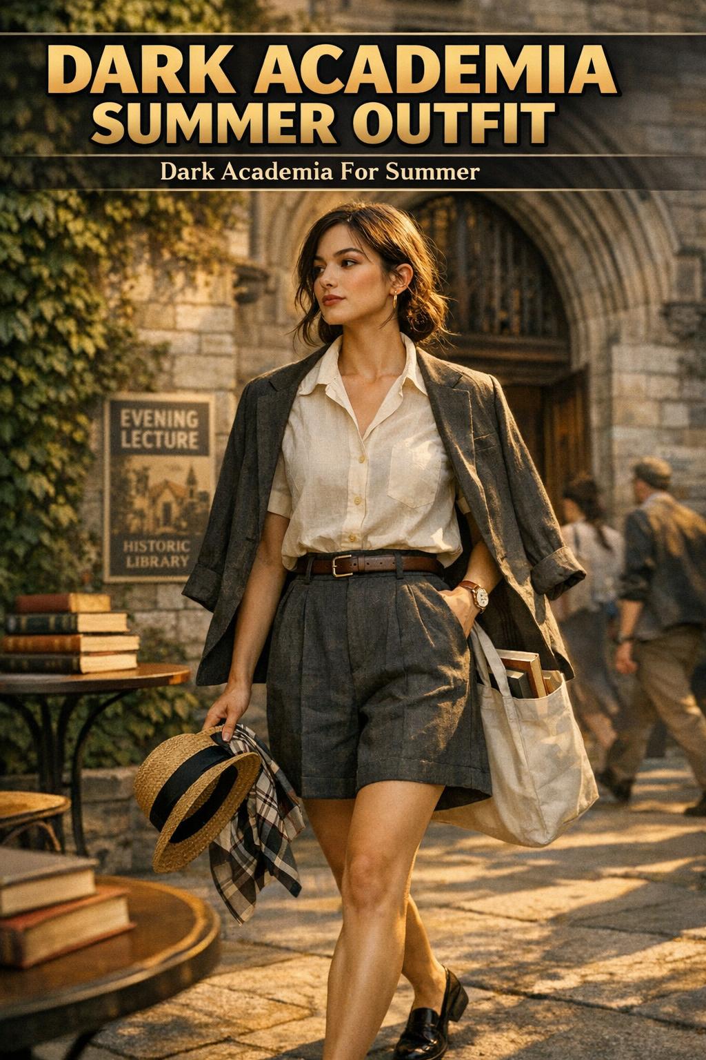 Dark academia summer outfit with linen blazer, pleated skirt, and leather loafers in warm afternoon light