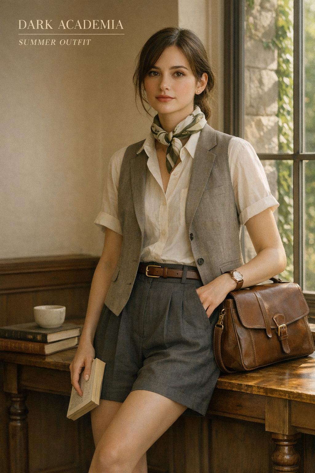 Dark academia summer outfit in sunlit campus library, linen blazer, cream shirt, pleated skirt, leather satchel and loafers