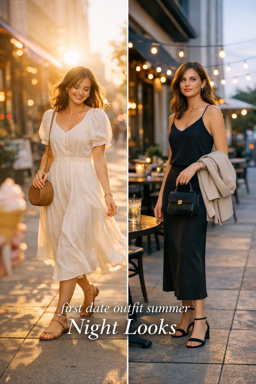 First date outfit summer diptych showing romantic linen dress and minimalist night look on a golden-hour city patio