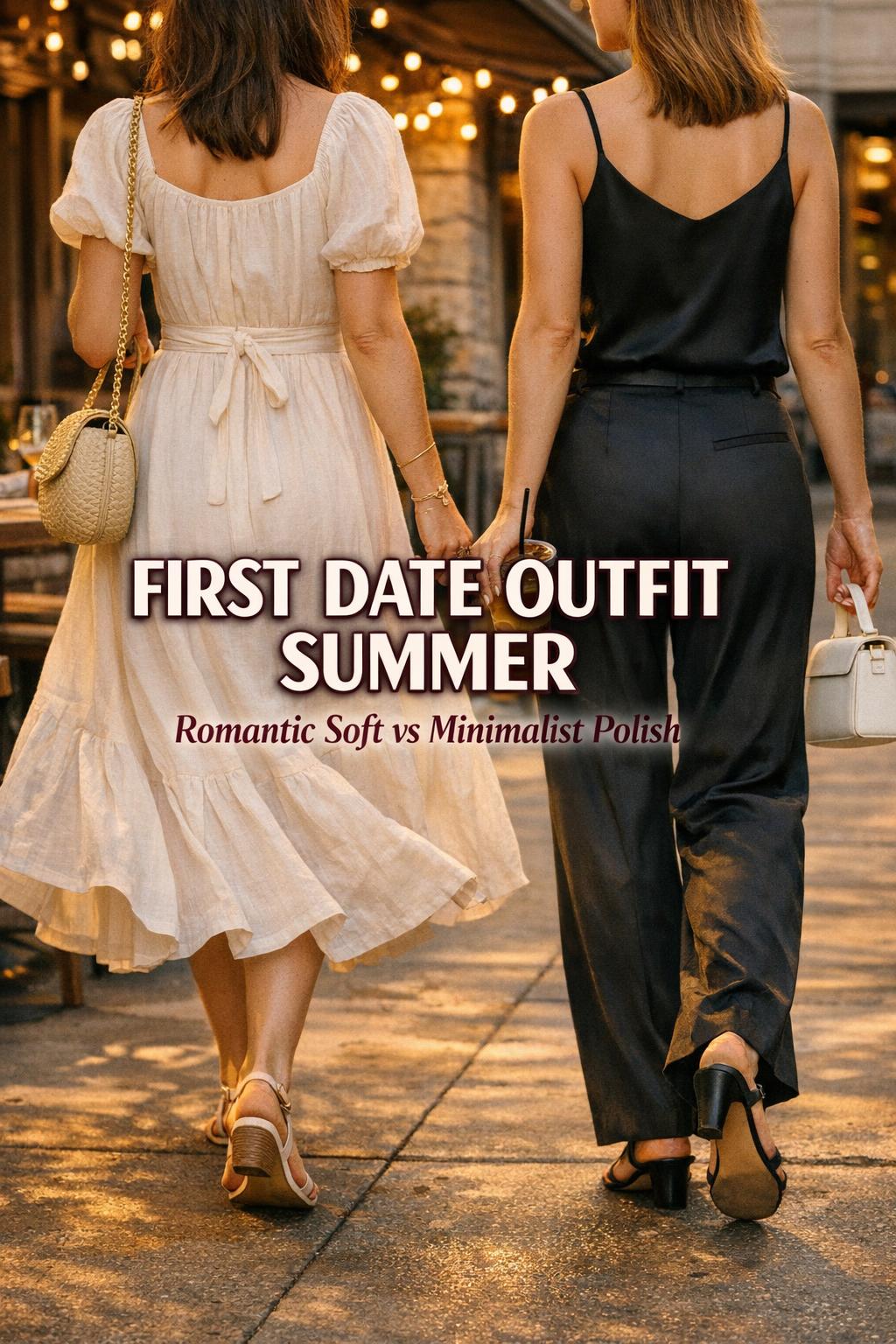 First date outfit summer comparison: two women walking in romantic soft and minimalist polish looks on a warm city sidewalk.