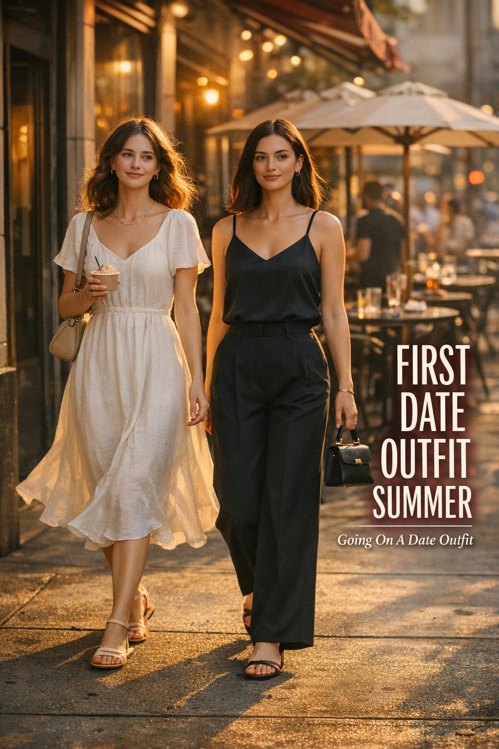 First date outfit summer comparison photo of two women walking at golden hour, romantic midi dress vs minimalist neutral set