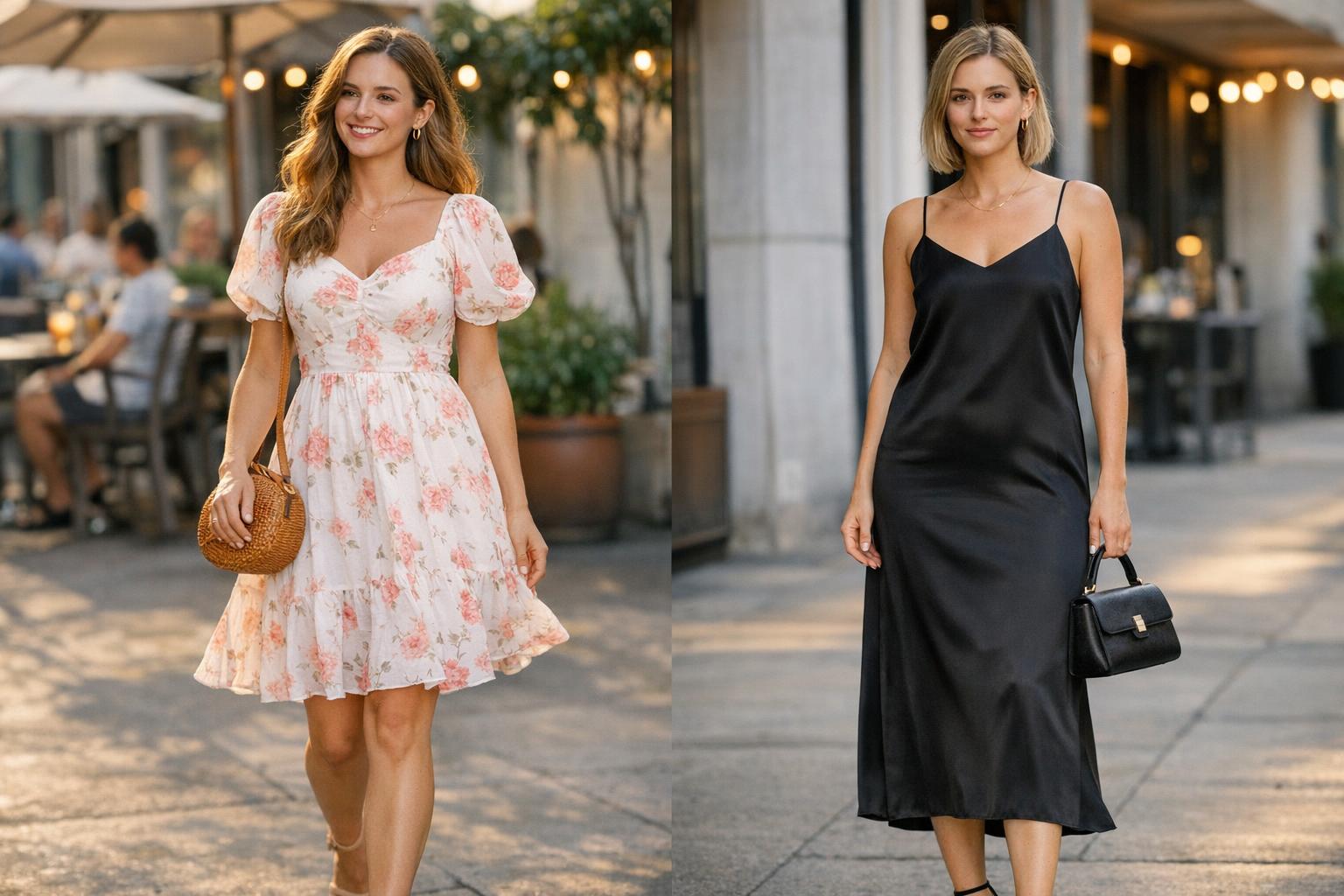 First date outfit summer comparison with romantic breezy dress and minimalist slip dress styled for heat and air conditioning