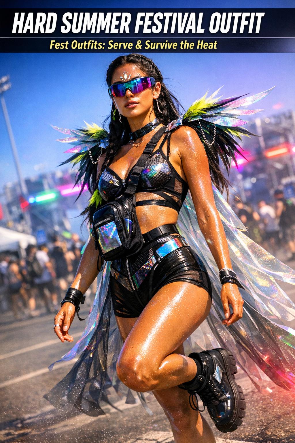Hard summer festival outfit featuring a stylish streetwear look under sunny outdoor concert lights