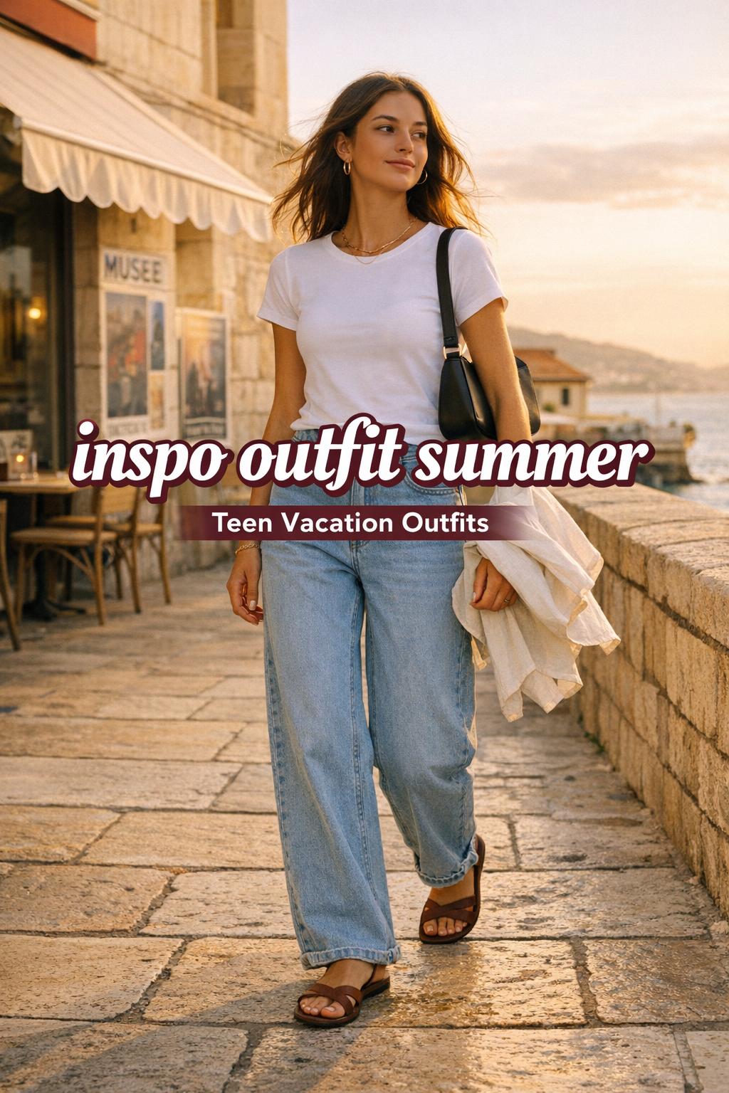 inspo outfit summer street style with white tee, wide-leg jeans, sandals, and linen shirt in golden-hour coastal city