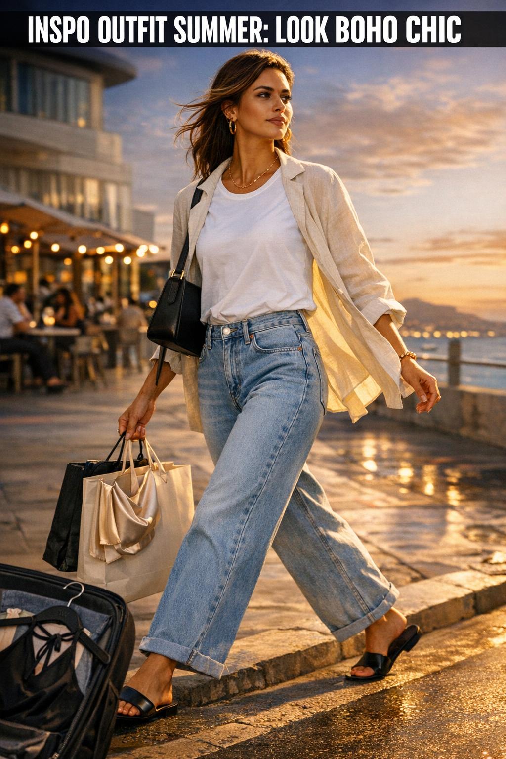 Inspo outfit summer featuring a breezy linen set with sandals and a straw tote in warm sunlight.