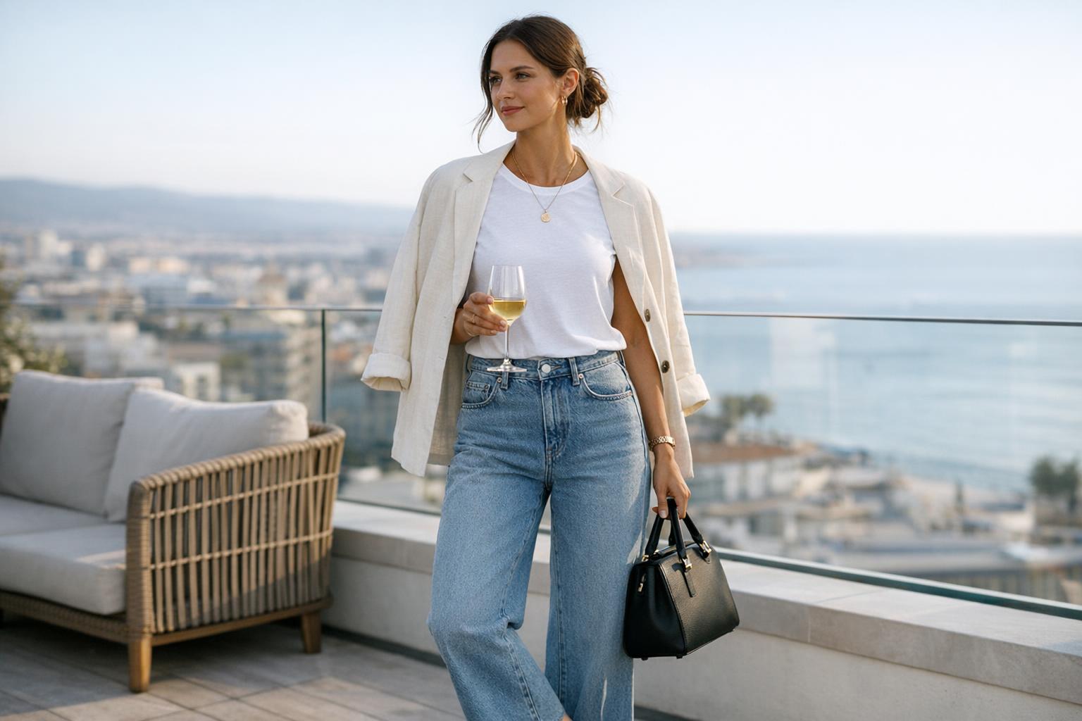 Inspo outfit summer look with white t-shirt, loose jeans, and sandals for a day-to-night rooftop plan