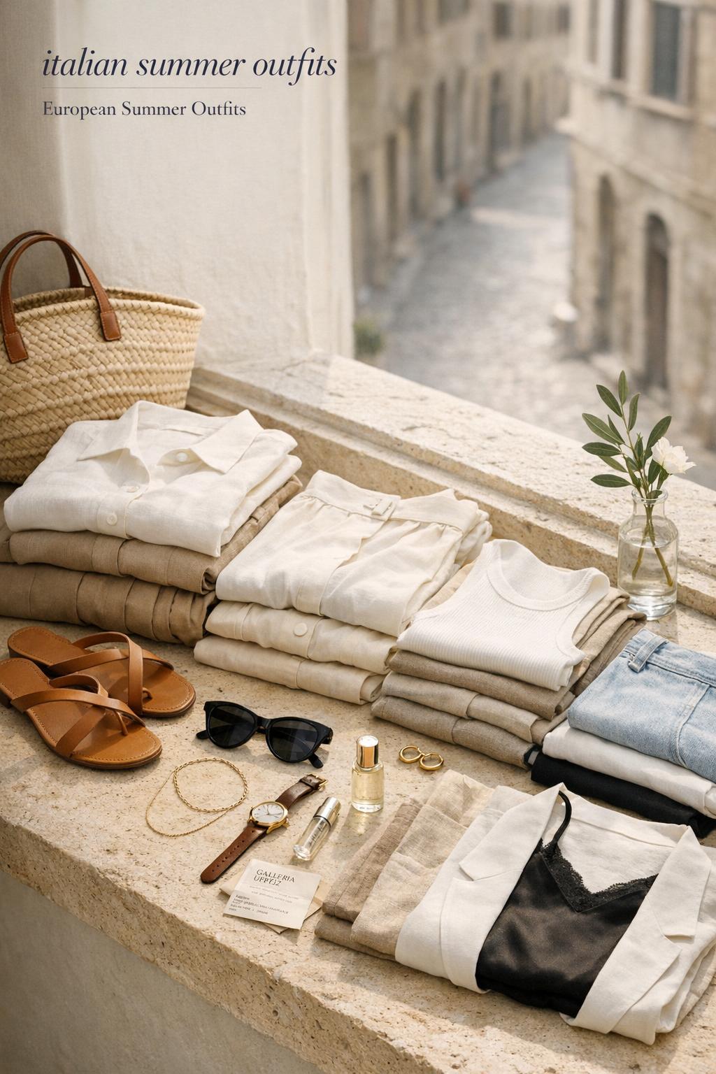 Italian summer outfits neatly folded on a sunlit stone windowsill with travel accessories in a minimalist editorial still life