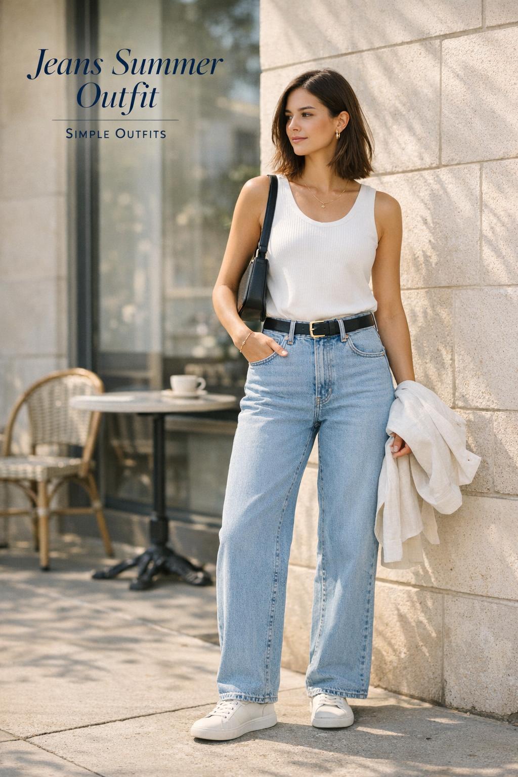 Jeans summer outfit with light-wash high-waisted jeans, white top, and black shoulder bag outside a modern cafe