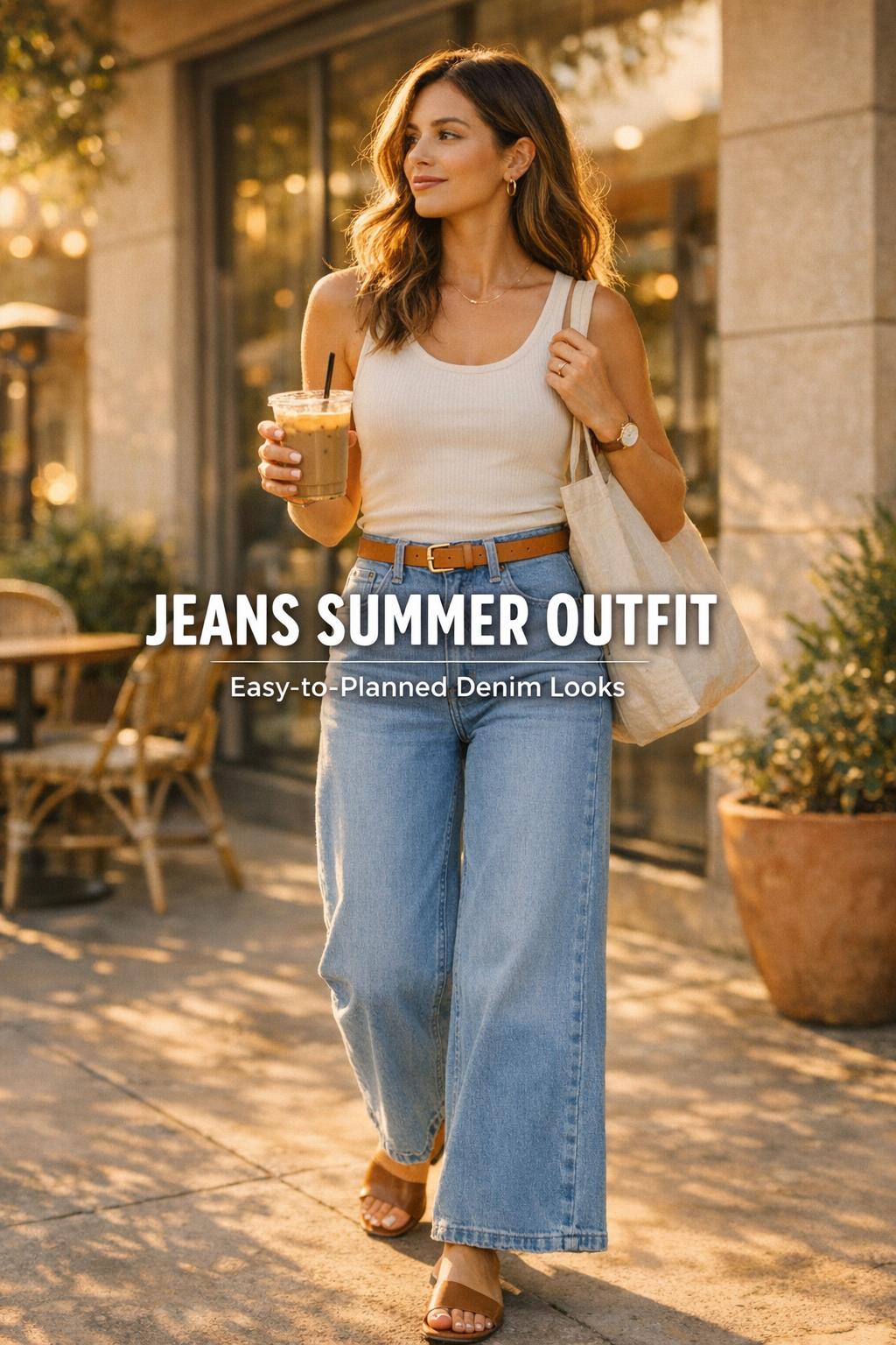 Jeans summer outfit with wide-leg flare jeans and iced coffee on a golden-hour sidewalk cafe patio