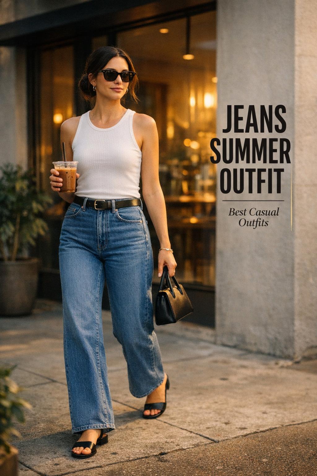 Jeans summer outfit: stylish woman walking outside a modern cafe with iced coffee in golden hour light