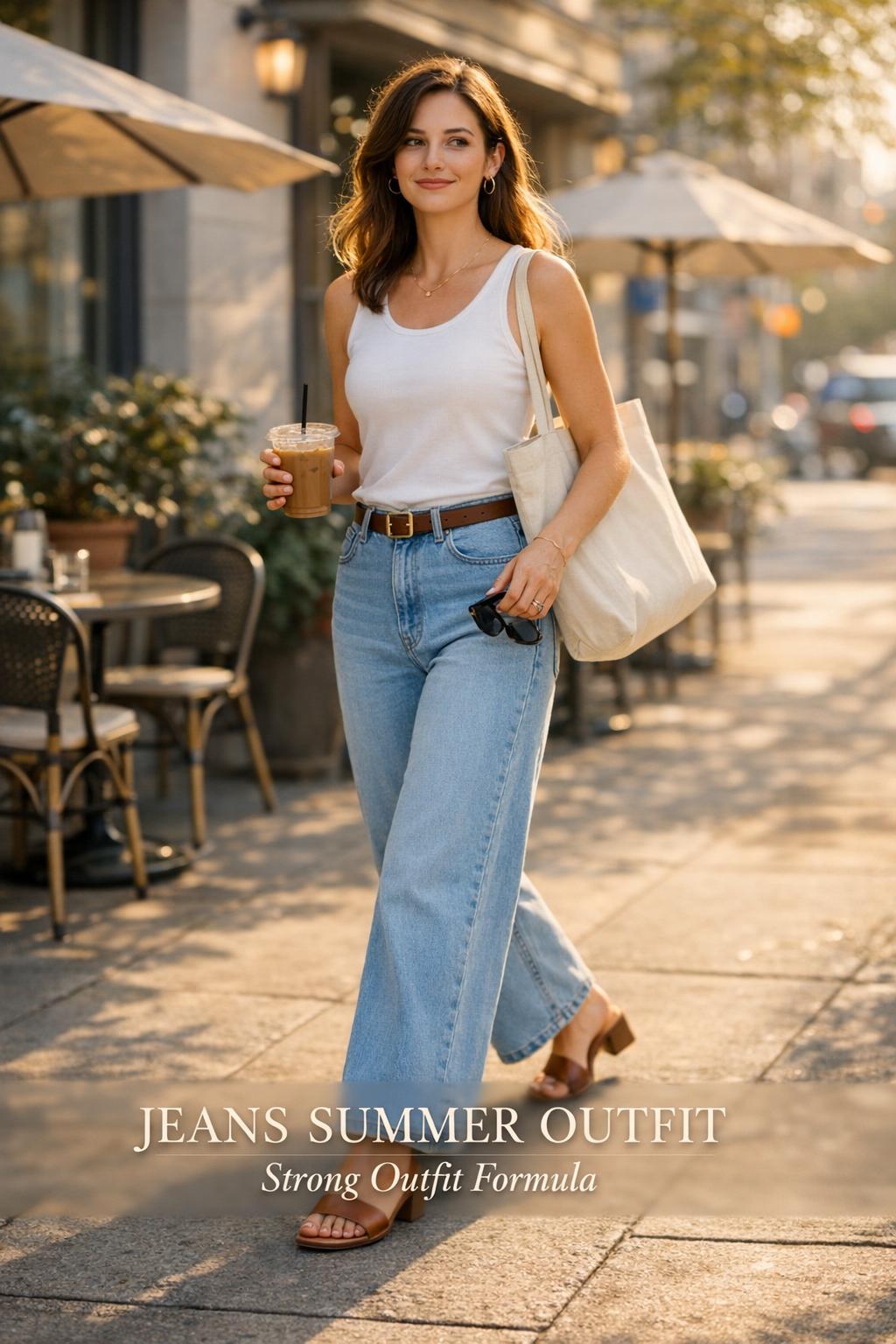 Jeans summer outfit with stylish woman walking past a sunny sidewalk cafe holding iced coffee and canvas tote