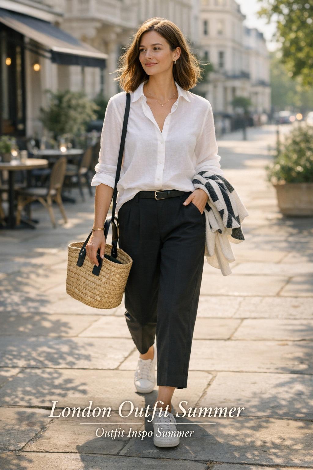 Stylish woman walking in central London in a chic london outfit summer look with white linen and sandals