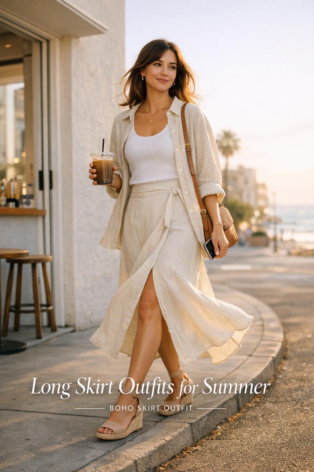 Long skirt outfits for summer: stylish woman in ivory linen wrap maxi skirt leaving a seaside café at golden hour