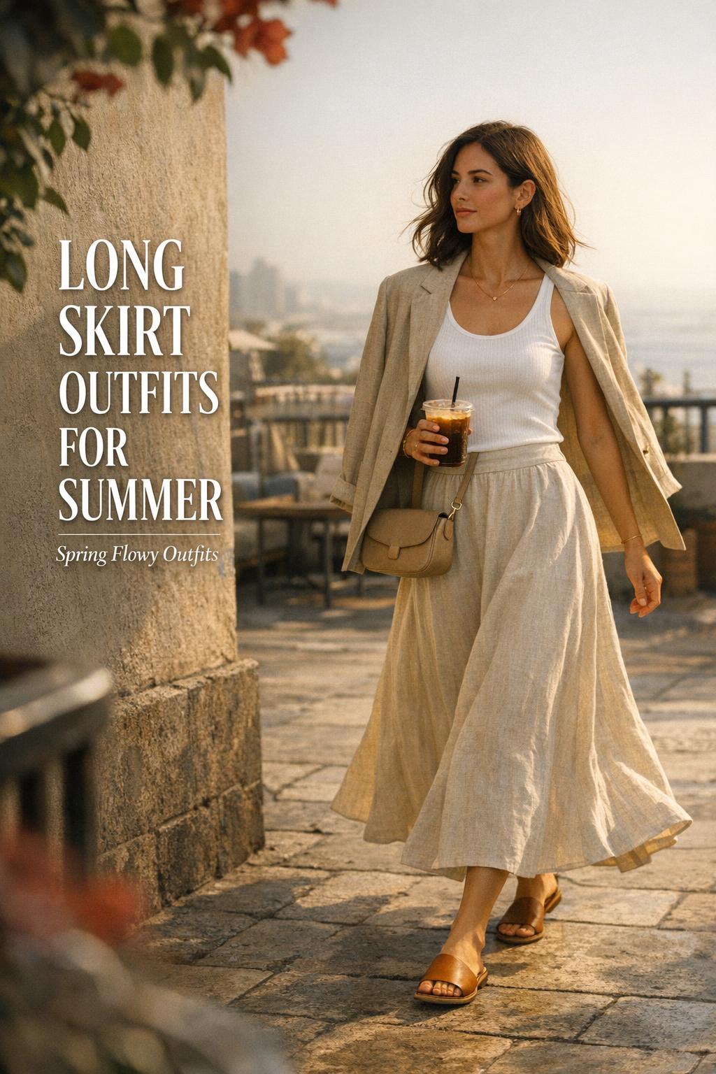 Long skirt outfits for summer street style with woman in oatmeal linen maxi skirt, white tank, iced coffee on coastal rooftop