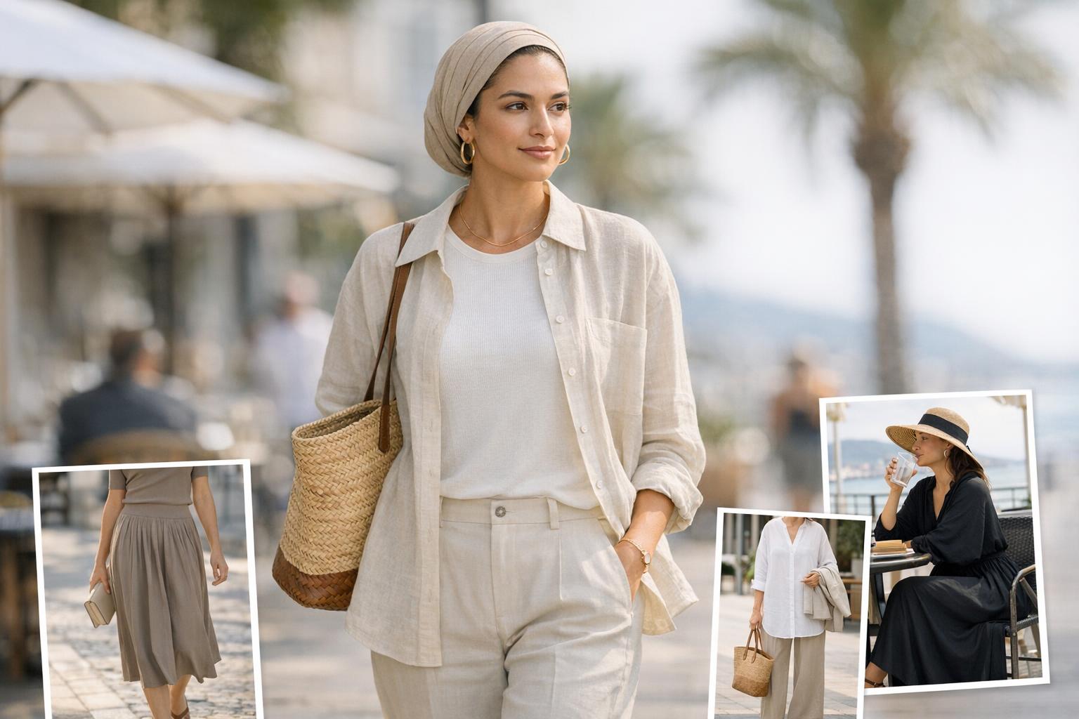 Modern summer modest outfits with breathable layers, neutral tones, and polished silhouettes for warm-weather days