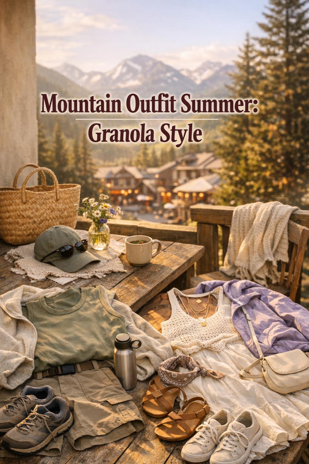 Mountain outfit summer laid out on a lodge patio at golden hour with trailwear and mountain-chic layers in a resort town